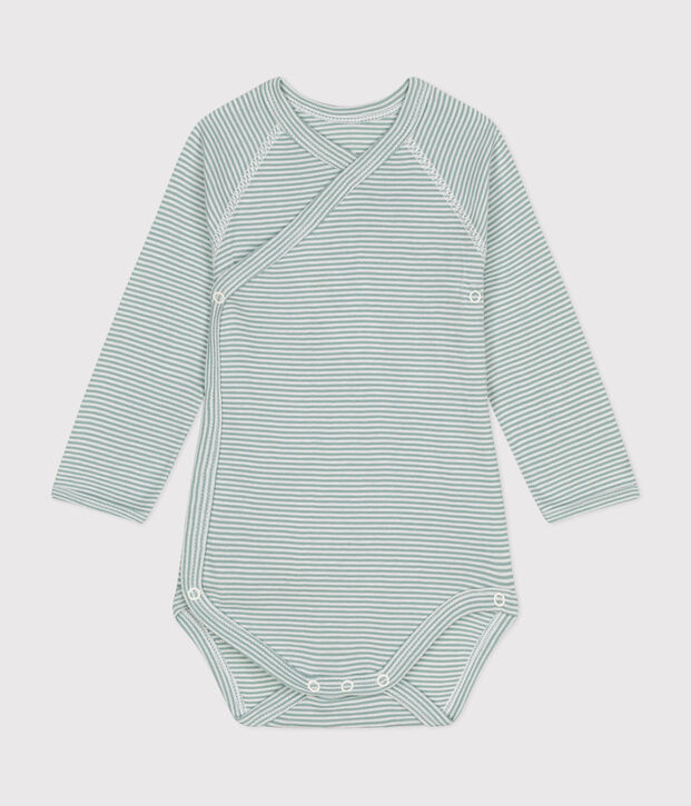 Babies' Long-Sleeved Cotton Wrapover Bodysuit. green/white