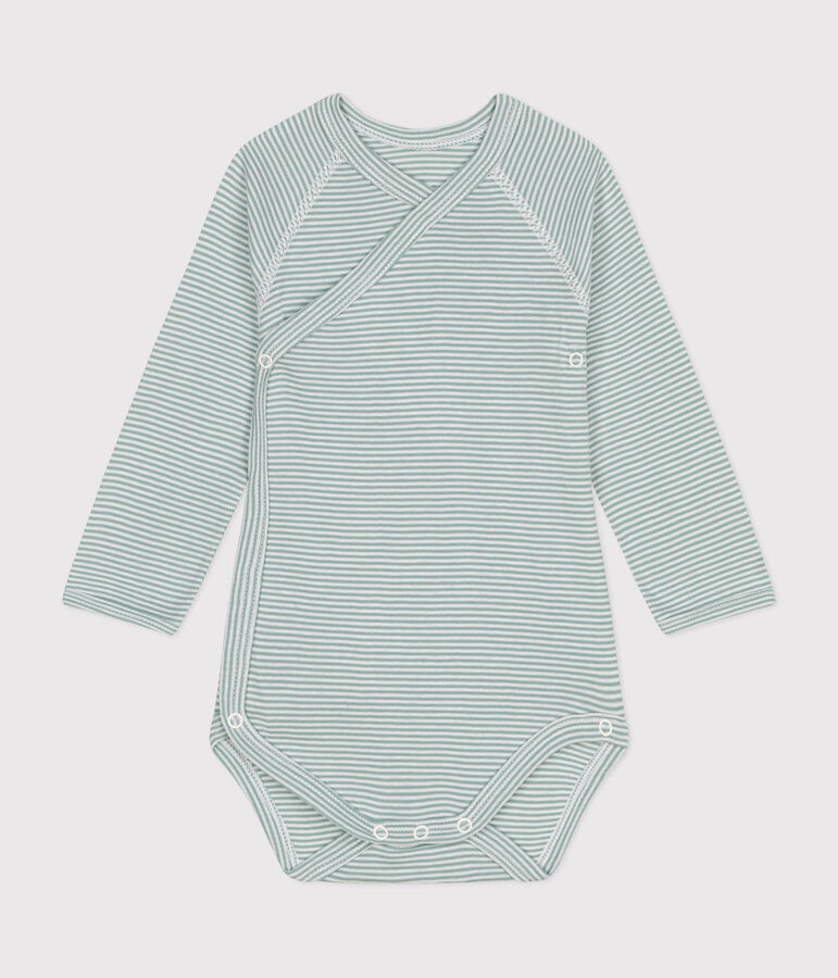 Babies' Long-Sleeved Cotton Wrapover Bodysuit. green/white