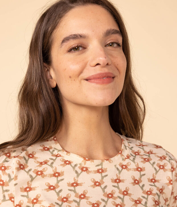 Women's Straight Round-Neck Cotton T-Shirt Ecru/multicolor