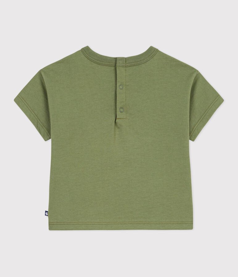 Babies' short-sleeved cotton T-shirt with a seagull motif OLIVINE green