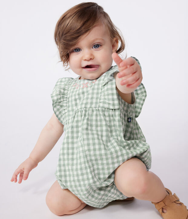 Babies' sleeveless cotton rompers with a gingham print and an embroidered collar green/white