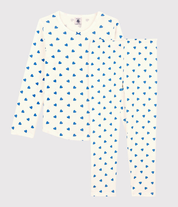 Girls' Blue Heart Patterned Cotton Pyjamas white/blue