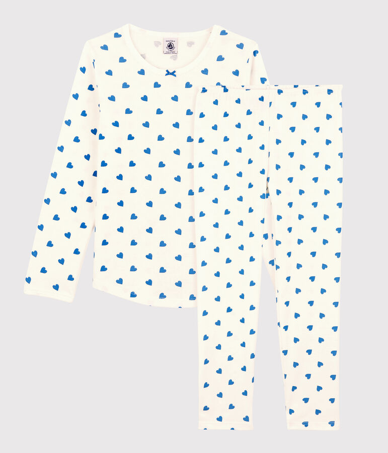 Girls' Blue Heart Patterned Cotton Pyjamas MARSHMALLOW white/BRASIER blue