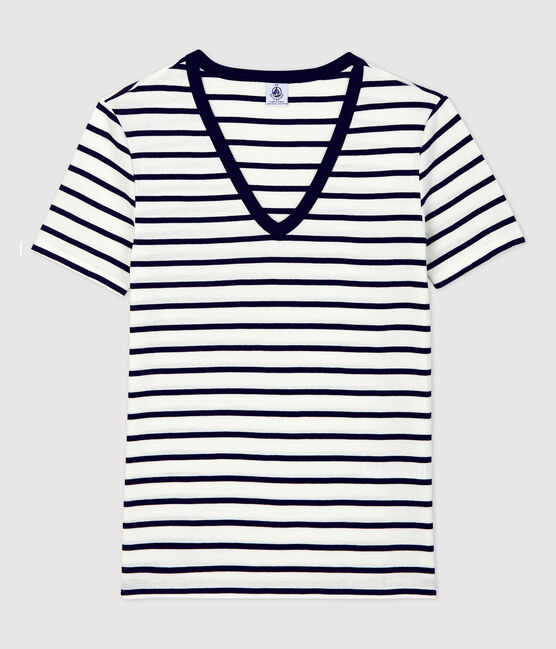 Women's Iconic Cotton V-Neck T-Shirt MARSHMALLOW white/SMOKING blue