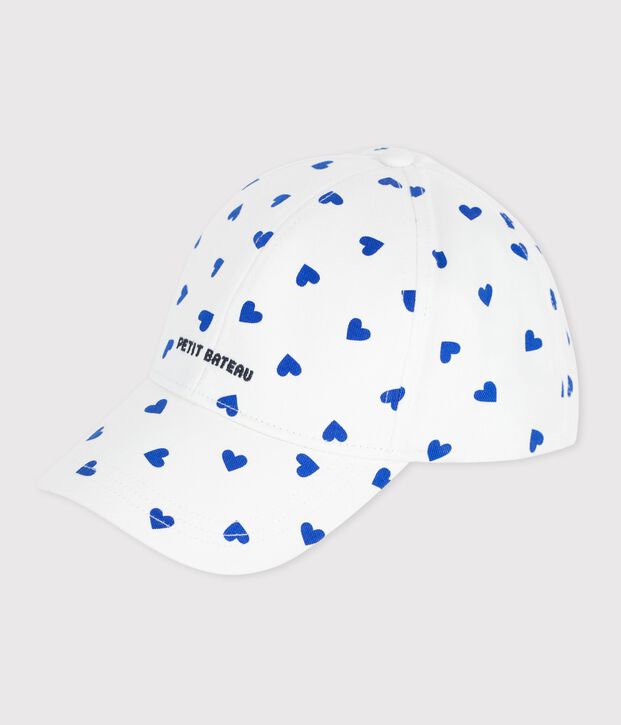 Children's cap in heart print twill white/blue