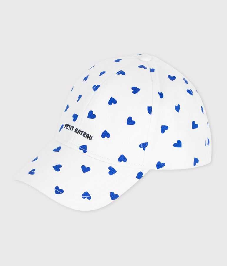 Children's cap in heart print twill white/blue