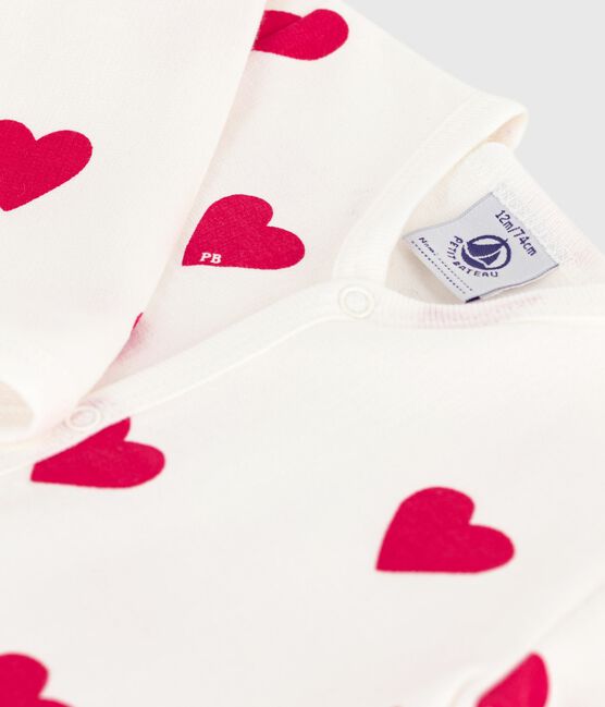 Babies' brushed fleece heart-print pyjamas with a collar MARSHMALLOW white/TERKUIT red