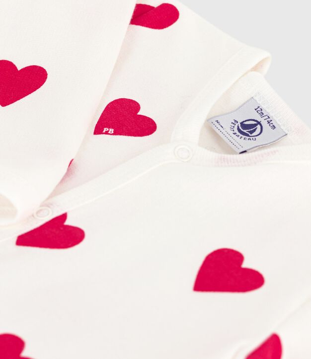 Babies' brushed fleece heart-print pyjamas with a collar white/red