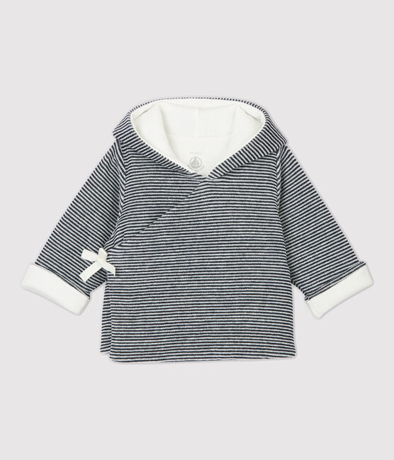 Babies' Stripy Organic Cotton Velour Hooded Jacket MARSHMALLOW white/SMOKING blue