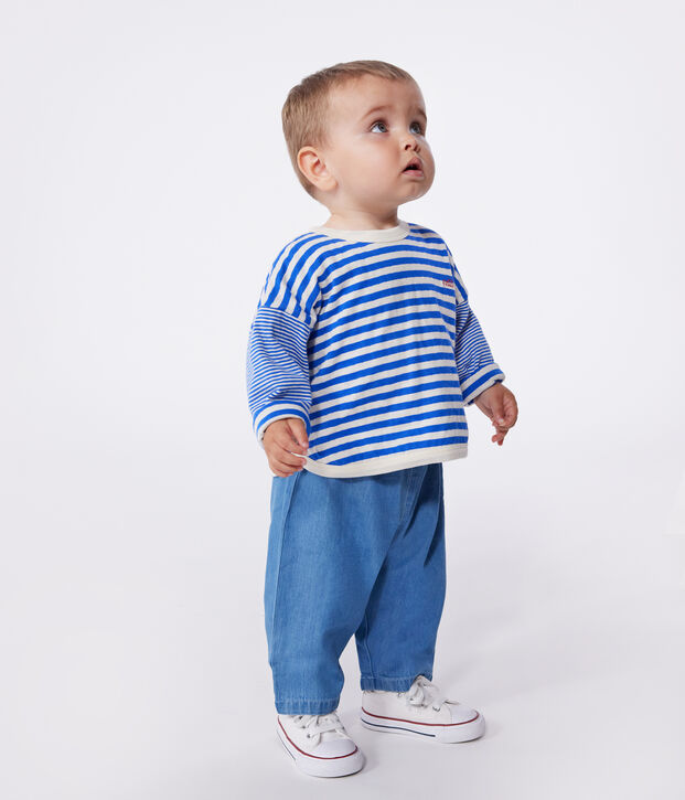 Babies' long sleeved stripy cotton T-shirt blue/ecru