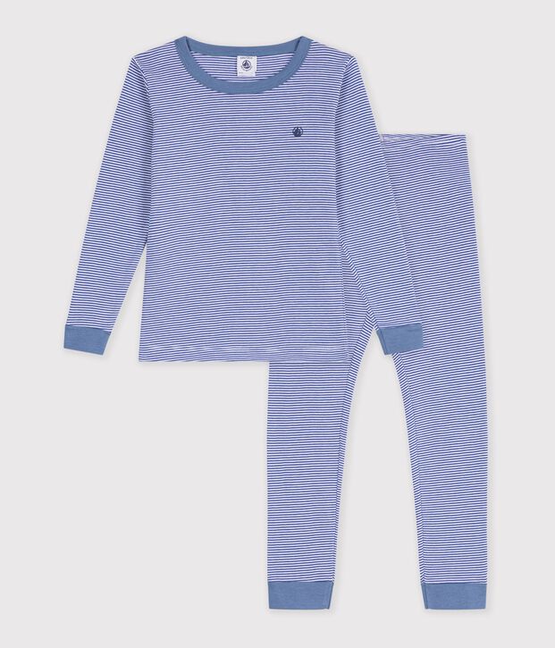 Children's snug-fitting stripy cotton pyjamas blue/white