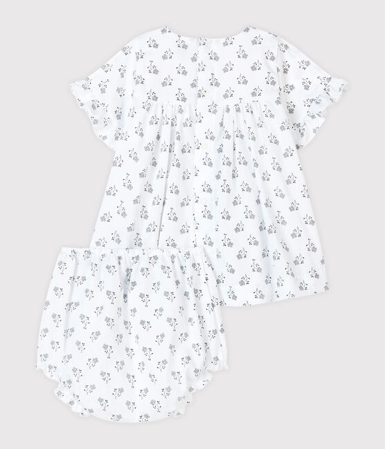 Baby girl's flower print dress with bloomers in poplin MARSHMALLOW white/MULTICO white