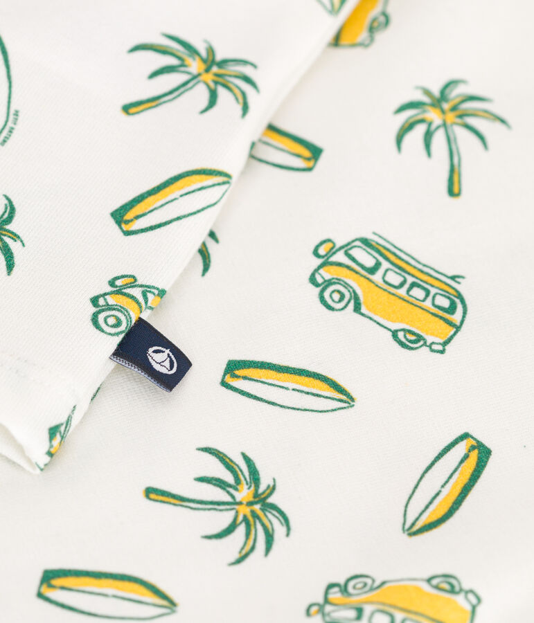 Babies' short-sleeved boat print cotton T-shirt white/yellow