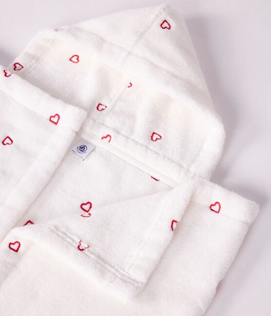 Babies' terry bath cape with embroidered hearts MARSHMALLOW white/CHARME pink