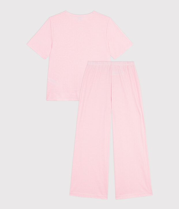 Women's wide-leg stripy cotton pyjamas pink/white