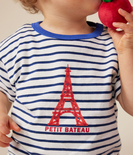 Babies' short-sleeved T-shirt in fine jersey MARSHMALLOW white/MEDIEVAL blue