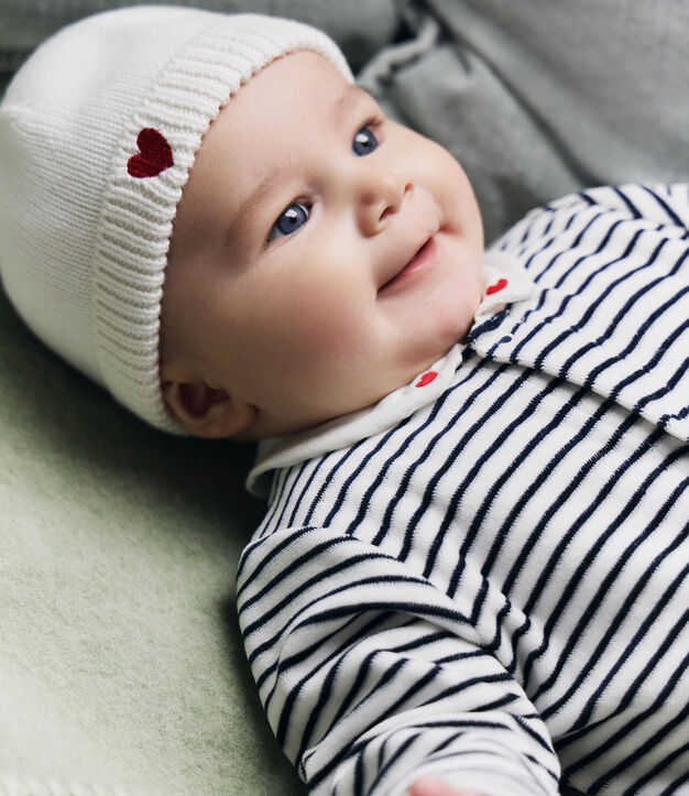 Newborn babies' knitted cotton beanie hat white