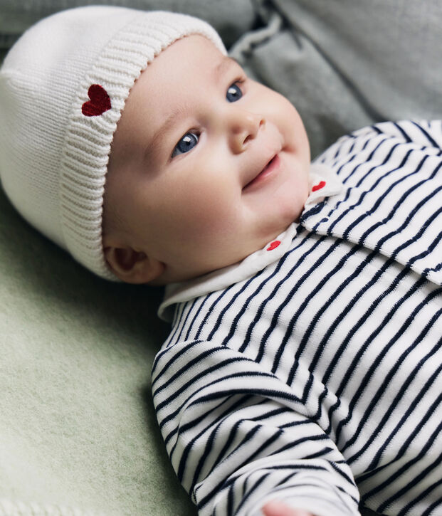 Newborn babies' knitted cotton beanie hat white