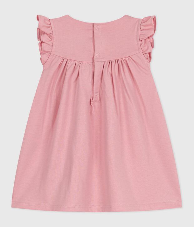 Babies' sleeveless plain cotton dress with embroidered details on the collar pink