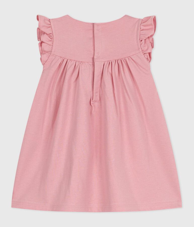Babies' sleeveless plain cotton dress with embroidered details on the collar pink