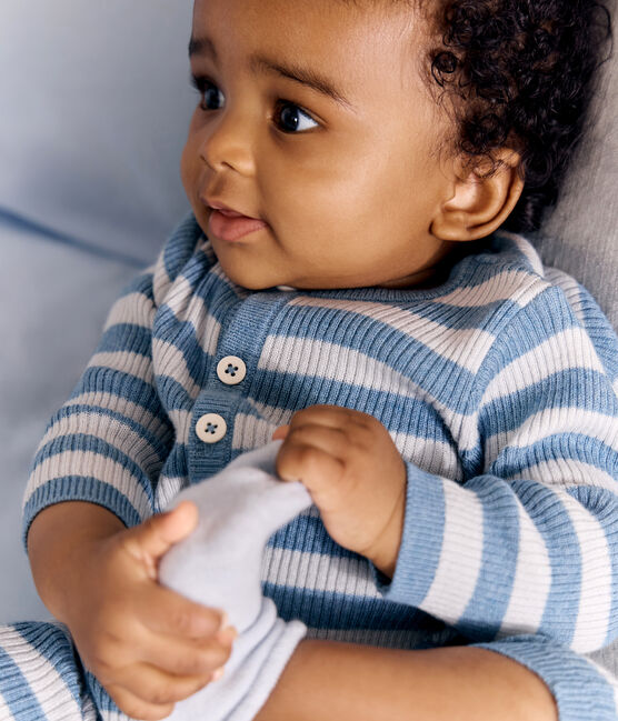 Babies' stripy wool and cotton knit playsuit ADRIATIC blue/CO2