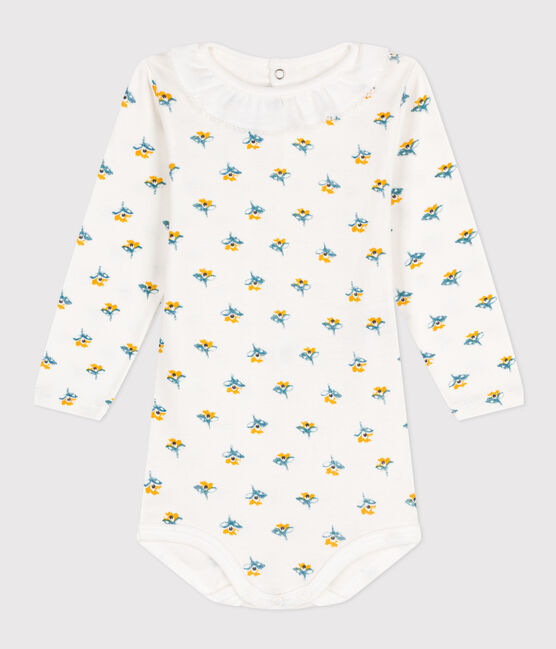 Babies' Long-Sleeved Patterned Cotton Bodysuit With Ruff Collar MARSHMALLOW white/MULTICO white