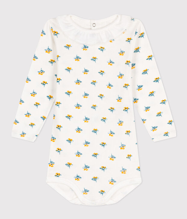 Babies' Long-Sleeved Patterned Cotton Bodysuit With Ruff Collar white/multicolor
