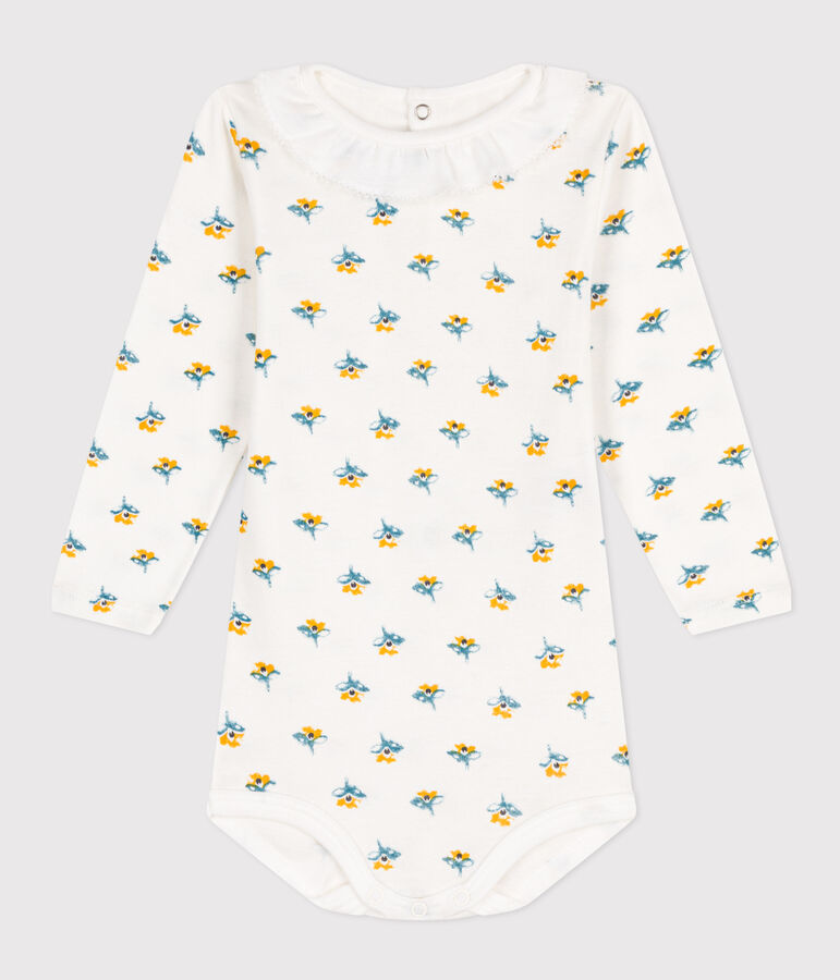 Babies' Long-Sleeved Patterned Cotton Bodysuit With Ruff Collar white/multicolor