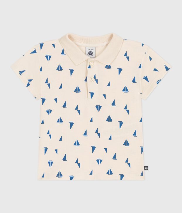 Babies' short-sleeved cotton polo shirt printed with little boats Ecru/blue