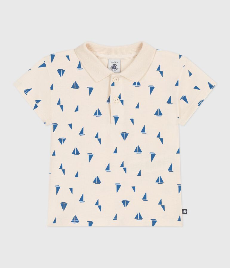 Babies' short-sleeved cotton polo shirt printed with little boats AVALANCHE blue/PERSE white