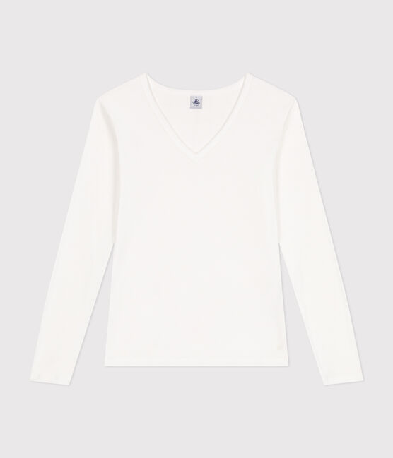 Women's plain long-sleeved iconic rib knit T-shirt ECUME white