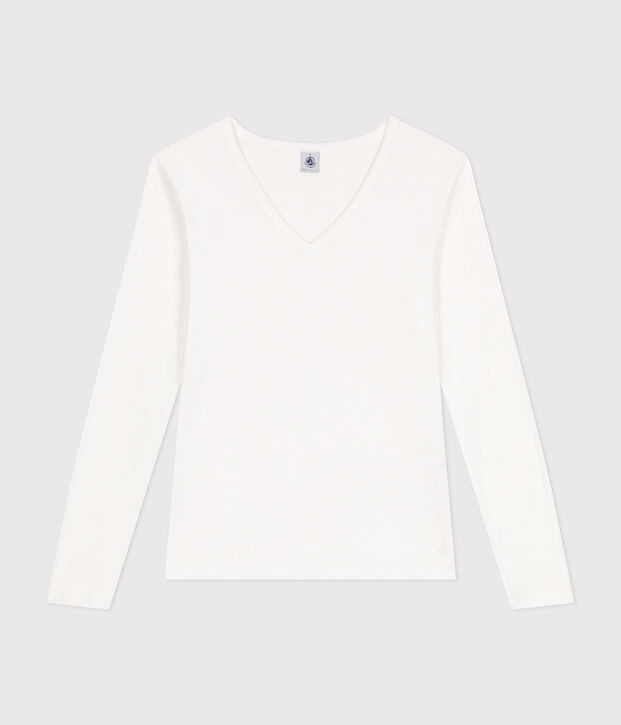 Women's plain long-sleeved iconic rib knit T-shirt white