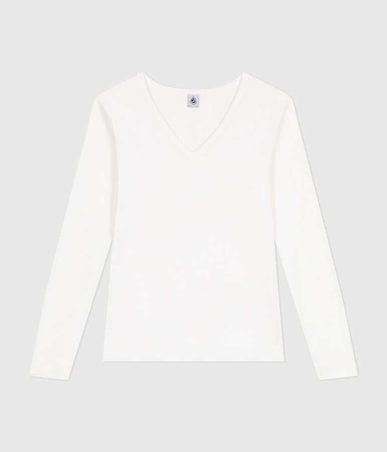 Women's plain long-sleeved iconic rib knit T-shirt ECUME white