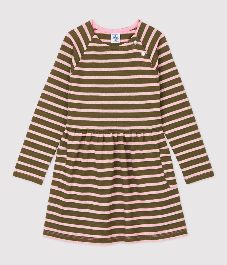 Girls' Long-Sleeved Cotton Dress MILITARY /CHARME BRILLANT
