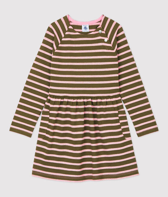 Girls' Long-Sleeved Cotton Dress MILITARY /CHARME BRILLANT