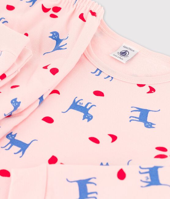 Girls' Cat Print Cotton Pyjamas MINOIS pink/MULTICO white