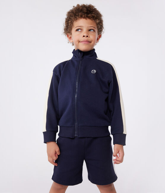 Children's zipped stand-up collar sweatshirt in plain cotton SMOKING blue