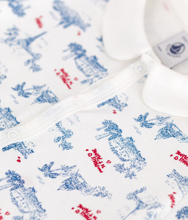 Babies' Paris print cotton playsuit with a collar white/multicolor