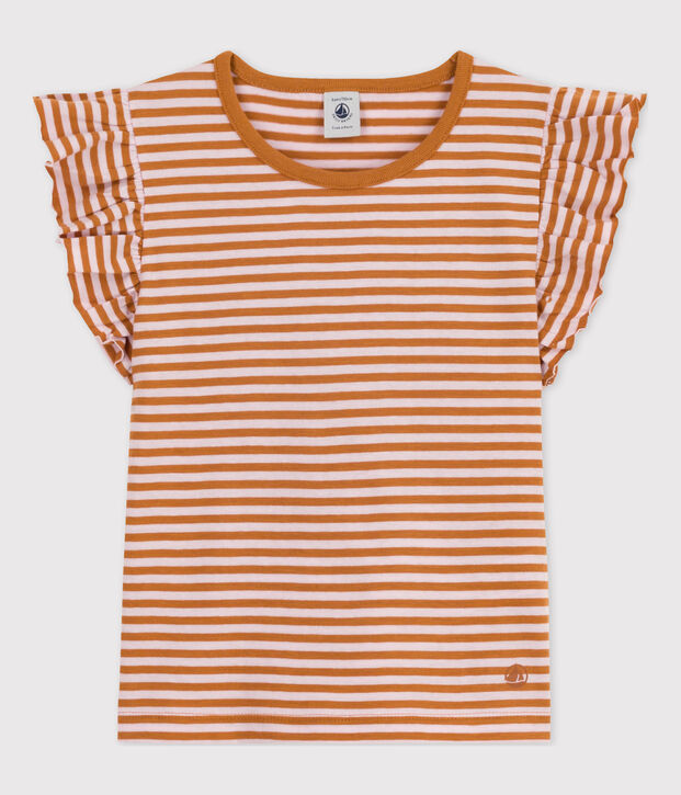 Girls' Striped Cotton T-Shirt brown/pink
