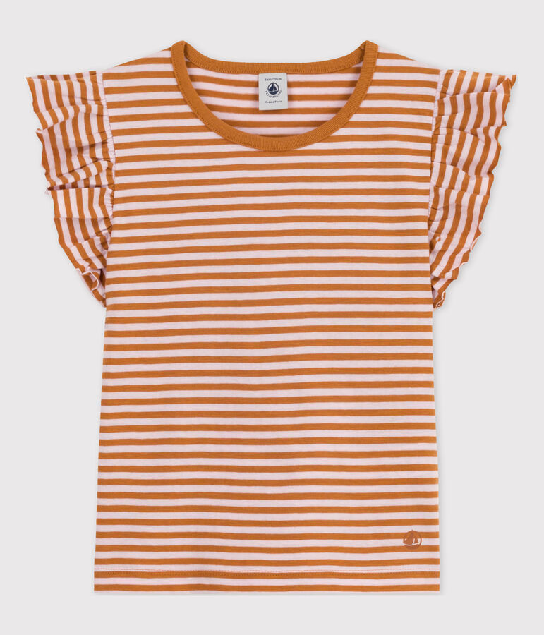 Girls' Striped Cotton T-Shirt brown/pink