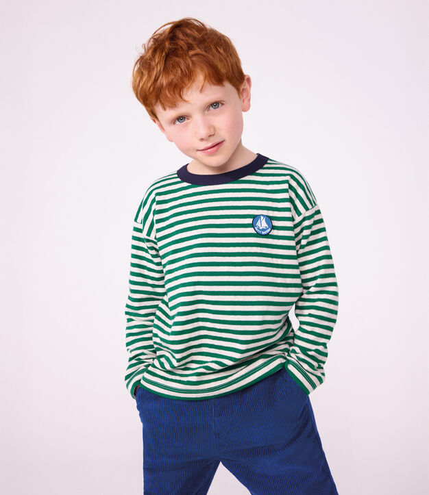 Children's long-sleeved stripy T-shirt green/beige/green