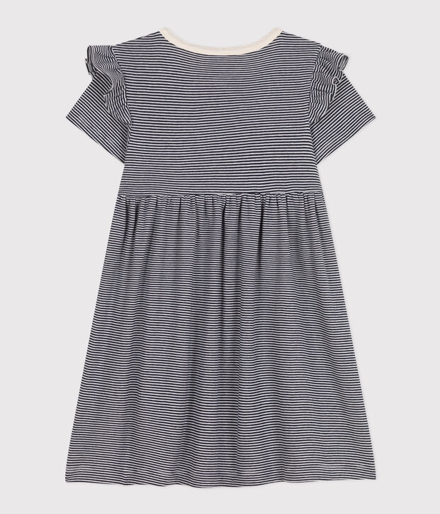Girls' Stripy Short-Sleeved Cotton Dress blue/white