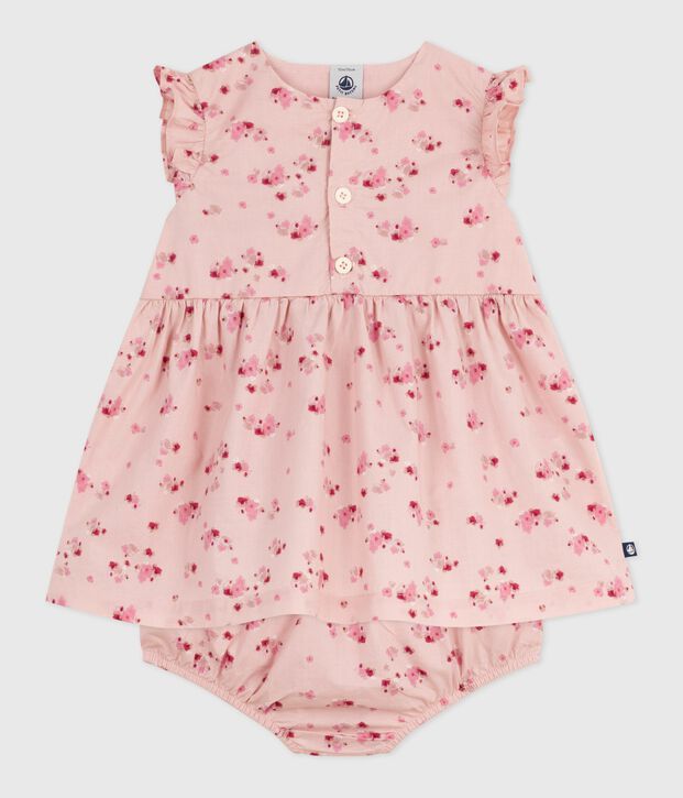 Babies' sleeveless cotton dress with matching bloomers pink/multicolor