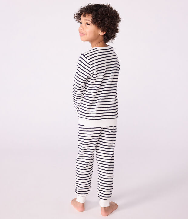 Children's stripy cotton terry pyjamas blue/blue