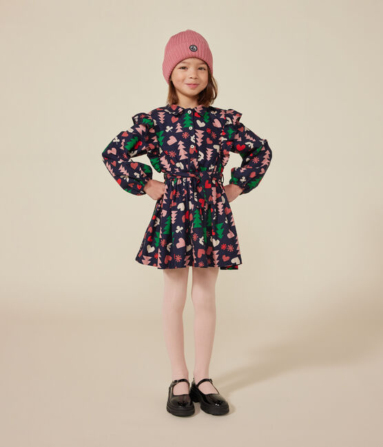 Little girl's long-sleeved flannel dress SMOKING blue/MULTICO white
