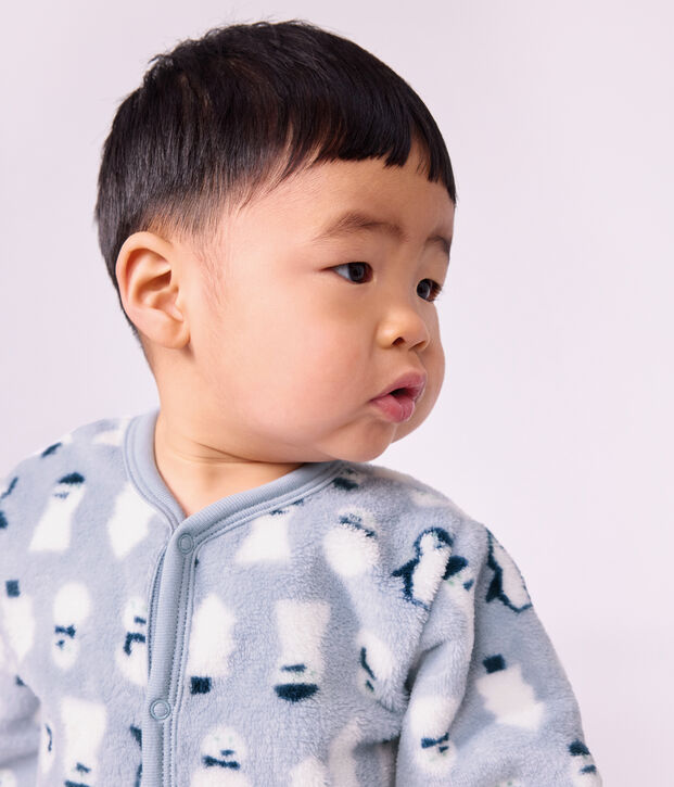 Babies' fleece onesie with a snowman print blue/multicolor
