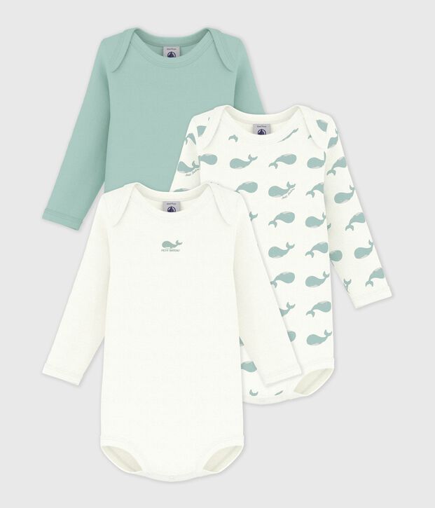 Pack of babies' long-sleeved whale-print cotton bodies multicolor