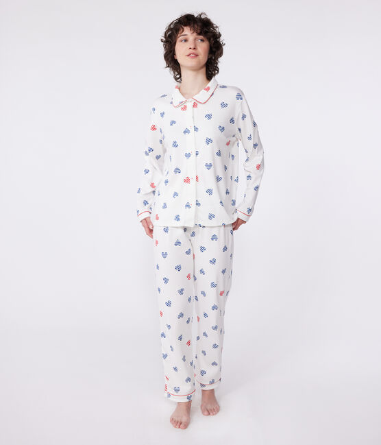 Women's buttoned cotton pajamas with heart print MARSHMALLOW white/MULTICO white