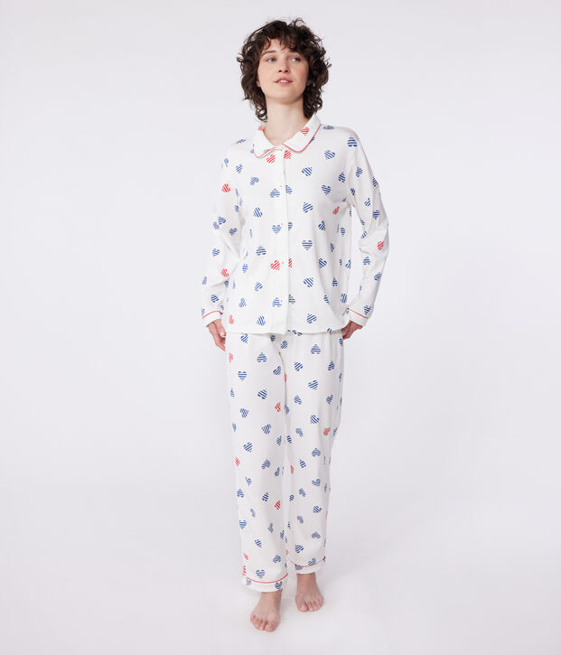 Women's buttoned cotton pajamas with heart print white/multicolor