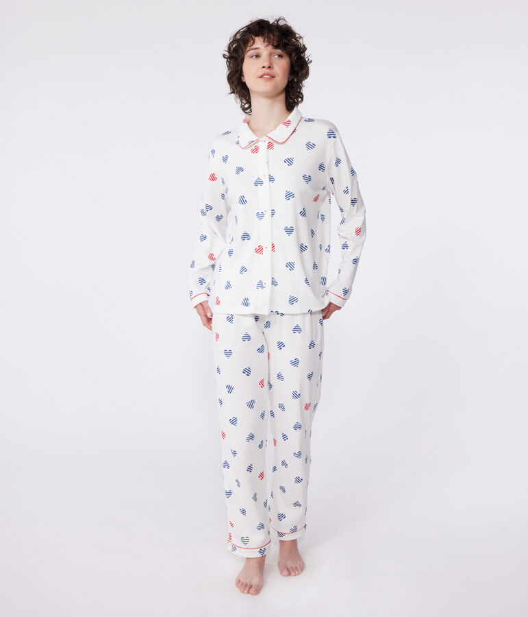 Women's buttoned cotton pajamas with heart print MARSHMALLOW white/MULTICO white
